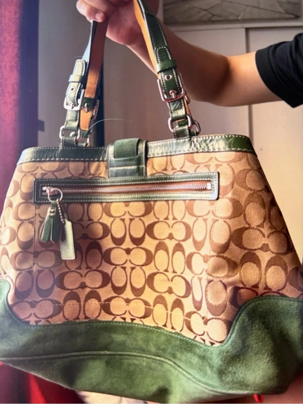 Vintage Coach Green Canvas & Suede Shoulder Bag with Signature Pattern